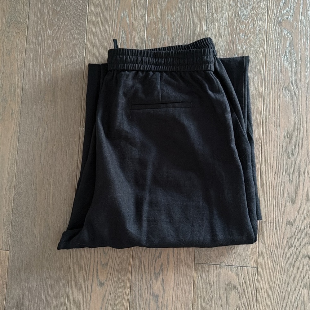Woman’s Black Elastic Waist Linen Pants with Drawstring - Picture 3 of 7